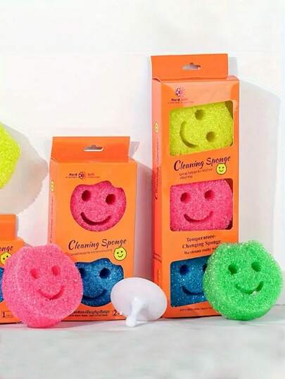 3/2/1pc Kitchen Cleaning Sponge Set, Smiling Face Sponge Wipes, Colorful Honeycomb Design, Scratch-Free And Heat-Resistant, Kitchen & Bathroom Cleaning Pads, Suitable For Tableware, Pots And Household Surfaces, Commercial Home User-Friendly Dishwashing Brush