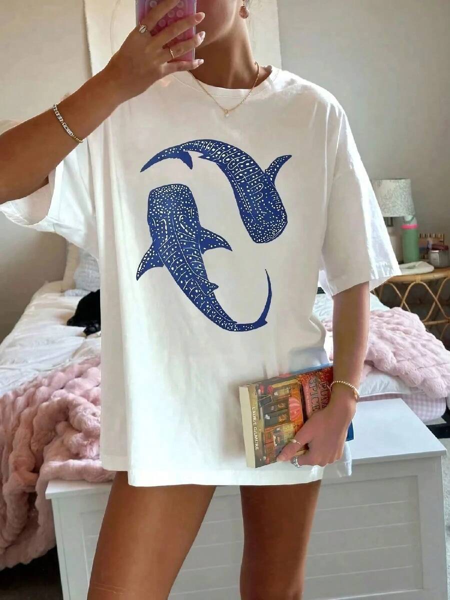 Blue Whale Shark Simple Printing T-Shirts Women Summer Tops Comfortable O-Neck T Shirt Fashion Casual Women Clothes - 白色 - 查看 1
