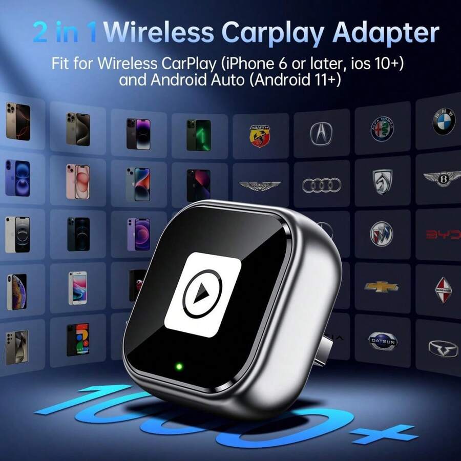 二合一无线 CarPlay 和 Android Auto 适配器 - 即插即用 CarPlay 转换器，快速自动连接，无延迟，小巧设计，兼容 和 Android 设备，配备 USB/USB-C 接口（黑色），无线 CarPlay 适配器，车载音响升级，现代汽车配件，高品质电子产品，不含电池