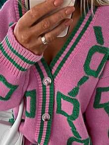 Women's Autumn And Winter Daily Letter Pattern V-Neck Single-Breasted Sweater Coat Long-Sleeved Knitted Cardigan