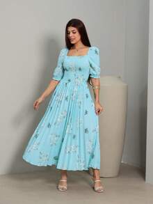 Vestido Midi Feminino estampado crepinho Manga Curto Cintura Alta Plissada