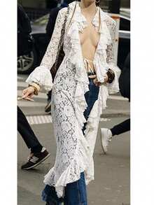 Women Lace Mesh Flowy Maxi Top Tie Front Kimono Cardigan Sheer Long Sleeve Ruffled Lace Duster Layering Shirt Cover Up - White - View 3