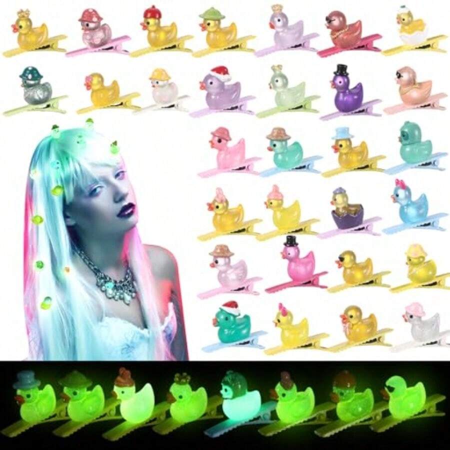 QY- 30 Pcs Halloween Mini Duck Hair Clips Funny Rave Sprout Clips For Women Multiple Styles Duck Glowing Resin Hairpins For Music Festival Hawaiian Christmas Party Gift -6108 - 彩色 - 查看 1