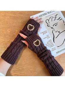 1 Pair Solid Color Casual Knitted Fingerless Gloves/Arm Warmers For Women, Y2K Autumn/Winter Long Knitted Half-Finger Warm Gloves