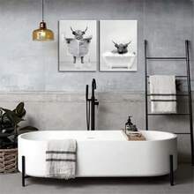 Framed 2 Pieces Bathroom Wall Art Funny Highland Cow Canvas Cow In Bathtub Prints Cute Animal Pictures Modern Home Décor Humor Animals Poster Rustic Farmhouse Dration 16"X24"X2,23776597 - 寶藍色 - 查看 2