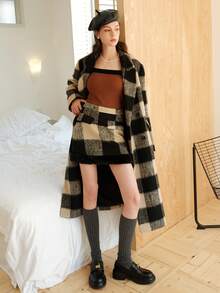 Women's Plaid Patchwork Fuzzy Elegant Short Skirt, Autumn/Winter - Black - View 6
