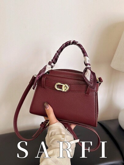 Fashion Modern Style Metal Lock Decor Women's Handbag High-End Niche Silk Scarf Decor Shoulder Bag New Autumn/Winter Wine Red Adjustable Strap Crossbody Bag, Suitable For College Students And Daily Travel Lightweight Multifunctional Magnetic Closure Underarm Pouch For Phone And Storage