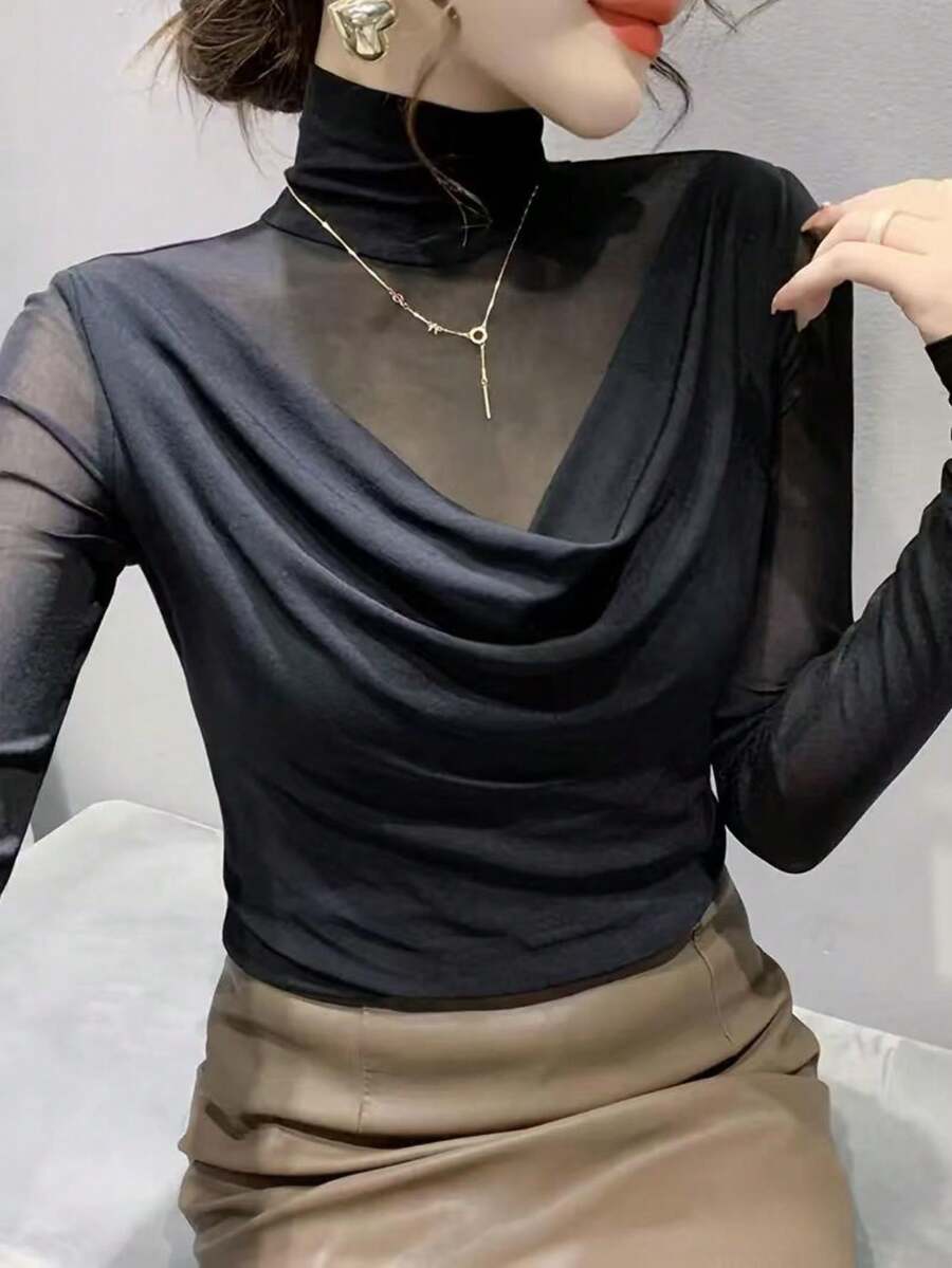 Áo thun dài tay lưới thời trang, tạo hiệu ứng thon gọn, màu đen casual mùa thu/đông. - màu đen - Xem 1