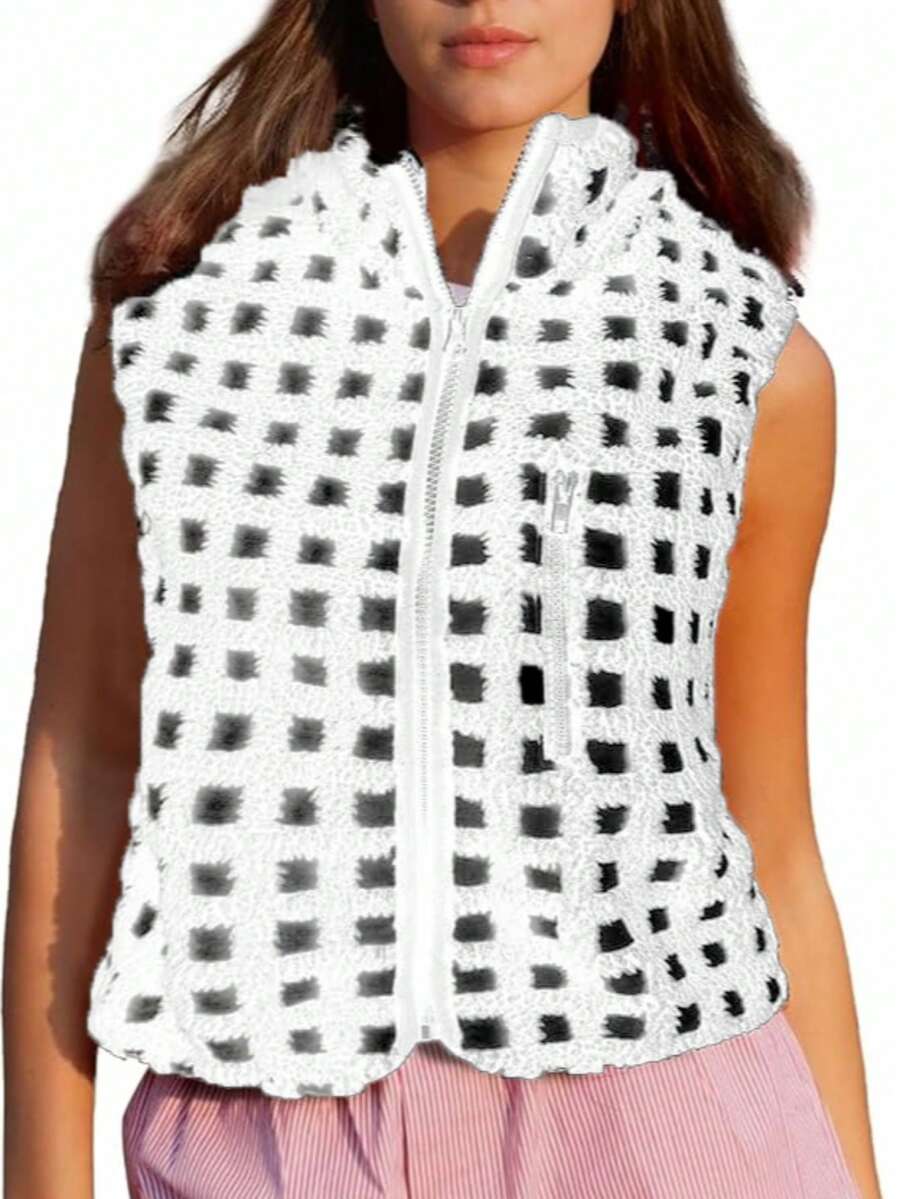Womens Fuzzy Checkered Vest Sleeveless Stand Collar Zip Up Vest Jacket Winter Warm Outwear - 白色 - 查看 1