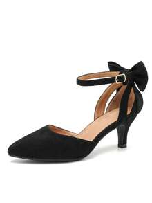 MAIERNISI JESSI Women's Wedding Evening Party Bow Kitten Heels Pumps Ankle Strap Buckle Dress Shoes - 黑色絨面 - 查看 19