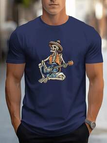 Summer Bestsellers Men's Graphic T-Shirt - Black Guitar And Mexican Hat Skull Design Short Sleeve Shirt - Lightweight Breathable Fabric, Suitable For Fitness, Running, Casual Wear - Machine Washable Daily Street Style Top, Fashionable Sports Gear, Durable Material, Youth Style Supple - 黑色 - 查看 6