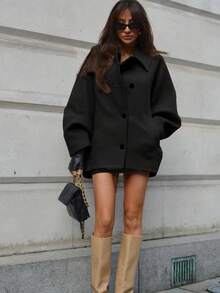 conciso Abrigo holgado de mujer con bolsillo, de tela similar a la lana, de solapa y manga de murciélago, de corte suelto y abotonadura sencilla - Negro - Ver 5