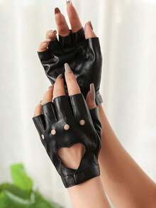 1 Pair Women's Personalized Fashion Holiday Dark Punk Rock Fingerless Gloves With Rivets Leather Inlays For Outdoor Music Festival Party - 黑色 - 查看 6