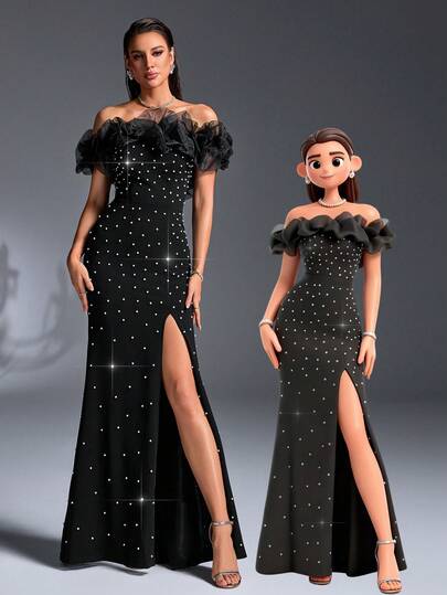 Fuaheng Robe de soirée plissée à taille marquée et fente façonnée à la main avec perles pour femmes