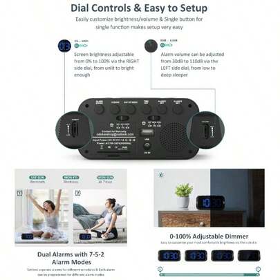 - Reloj despertador digital dual para recmara, fcil de instalar, 0 - atenuador, cargador, 5 sonidos de volumen ajustable, modo de da laboralfin de semana, repeticin, 1224 horas,