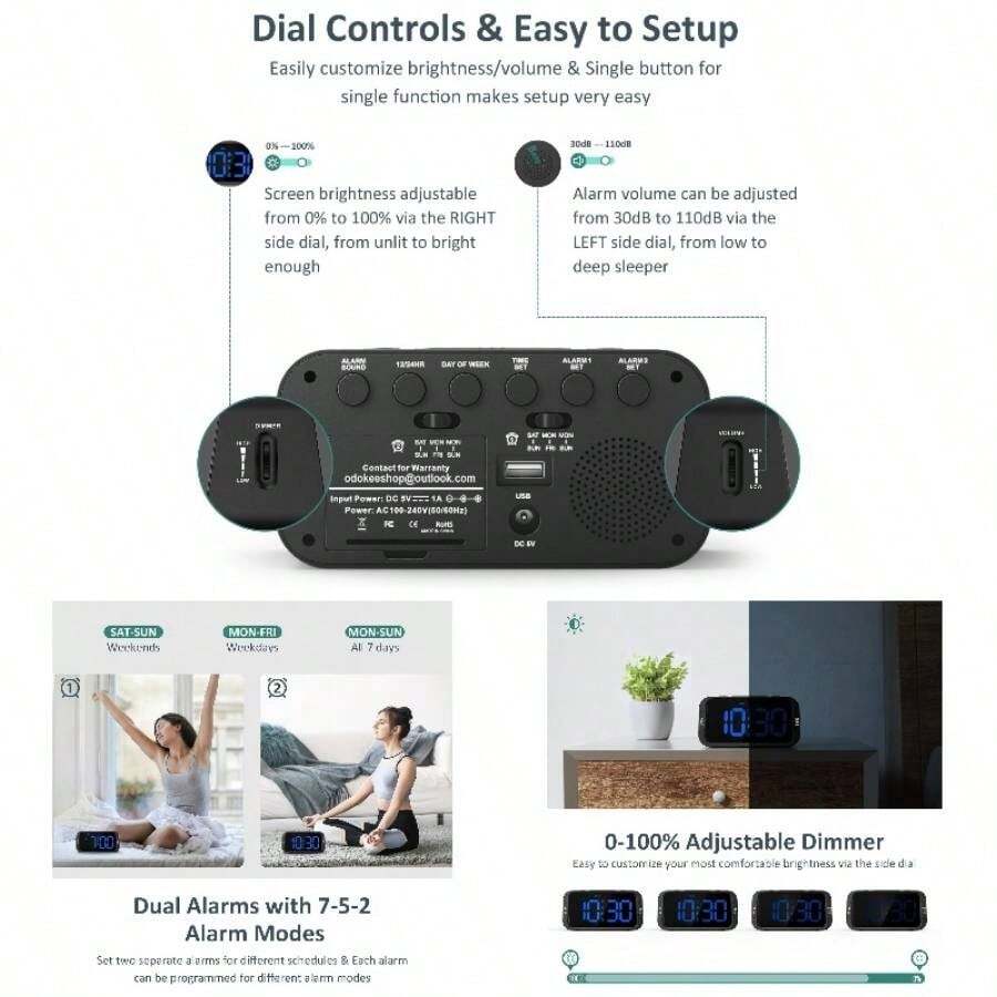 - Reloj despertador digital dual para recmara, fcil de instalar, 0 - atenuador, cargador, 5 sonidos de volumen ajustable, modo de da laboralfin de semana, repeticin, 1224 horas, - Led negro - azul - Ver 1