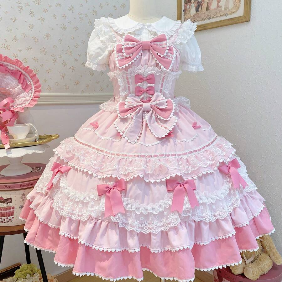 Lolita Outfit - Falda con tirantes JSK rosa + gorro BNT rosa - Ver 1