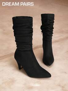 Women's Stiletto High Heel Pointed Toe Suede Mid Calf Boots For Fall/Winter, Classic Slouchy Soft Comfortable Boots - Black - View 2