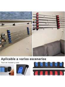 Porta Cañas de Pescar, Soporte para Caña de Pescar de Pared, Estante de Almacenamiento para Caña de Pescar, Estante para Caña de Pescar Montado en La pared, con Capacidad de 6 Cañas, Horizontal,Azul - Rojo - Ver 11