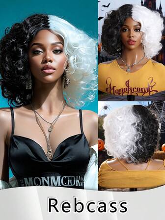 Black And White Color Wig With No Bangs Short Wave Curly Wig For Women 12Inch Synthetic Heat-Resistant Hair Halloween Costume Wig Layered Style Hair For Daily And Party Use High-Quality Women's Natural And Beautiful Synthetic Soft Fake Fiber Hair Christmas