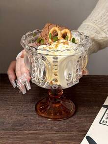 1 pieza Taza con base marrón vintage con relieve, taza de cristal para helado y postre, vaso de cristal de estilo europeo con pie alto, taza de cristal de alta calidad