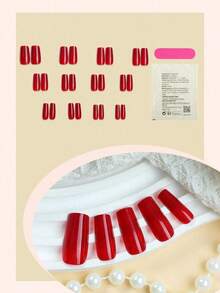 MIRA 24pcs Oblong Press On Nails - Red Minimalist Design With Nail File & Gel - Red - View 5