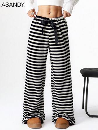ASANDY Women's Fall Winter Wide Leg Pants - Black White Striped Plush Fabric With Wide Sash Belt, Comfortable Thermal Trousers