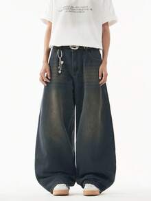 1pc Justice Brother Casual Versatile Couple Distressed Vintage Washed Loose Fit Wide Leg Jeans - Champagne - View 3