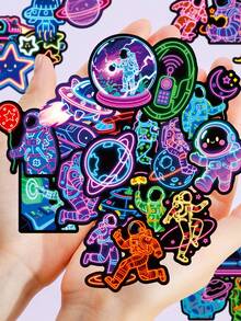 55Pcs Neon Stickers Astronaut Decor Neon Party Decorations Spaceship Stickers Neon Decor Graffiti Stickers Aesthetic Stickers Vinyl Waterproof Stickers For Journaling Computer Scrapbook Luggage Water Bottle Phone - Multicolor - View 3