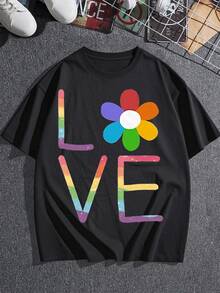 Vibrant Rainbow LOVE Flower Graphic Tee For Women, Soft Comfortable Short Sleeve Crew Neck Top, Lightweight Casual Everyday Fashion Printed Shirt For Ladies