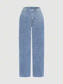 时尚百搭的中度水洗宽松仿珍珠装饰牛仔裤，适合女性日常休闲穿着，春季款 - 淺色水洗藍 - 查看 4