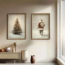 Pósteres de lienzo, impresiones vintage de Papá Noel y árbol de pino, arte de paisaje nevado, decoraciones navideñas, decoración de pared para dormitorio, sala de estar, cocina, baño, regalo ideal moderno para el hogar, perfecto para la decoración de la habitación, estilo festivo del hogar, decoraciones navideñas, escenario invernal, marco opcional