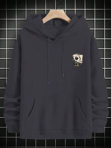 Men's Dropped Shoulder Loose Casual Versatile Poker Card Pattern Hoodie With Pocket, Long Sleeve Top - Dark Grey - View 3