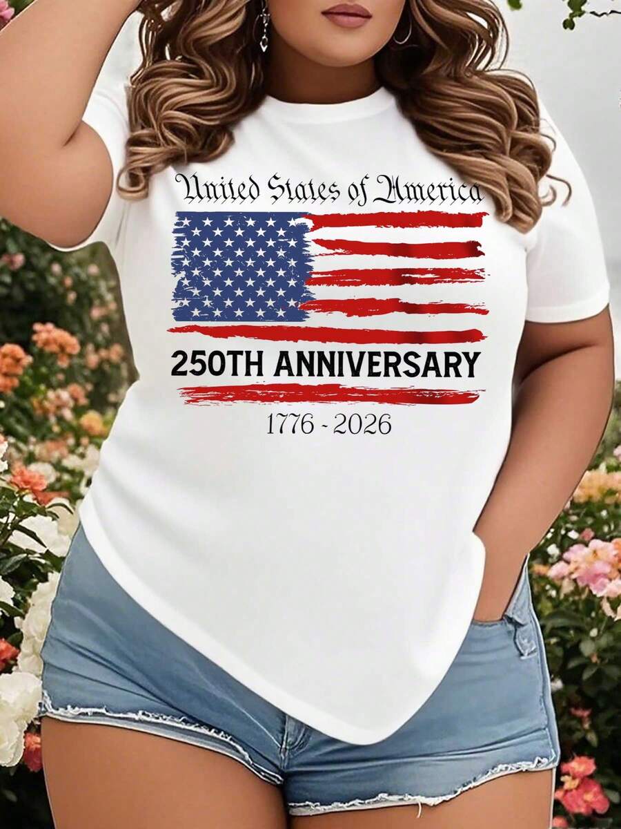 USA 250th Anniversary T-Shirt 1776-2026 American Flag Patriotic Tee For Women Plus Size Independence Day Celebration Apparel - trắng - Xem 1