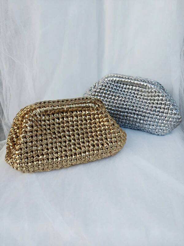 Metallic Lustre Crochet Women's Clutches Elegant Pure Handmade Knitted Clip Handbags Makeup Bag