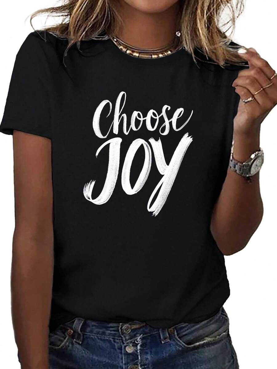 Choose Joy Illustration Pure Cotton Women's T-Shirt, Comfort Fit - 黑色 - 查看 1