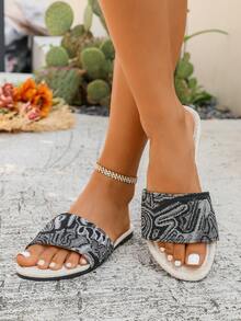 女士平底拖鞋，简约优雅花卉印花平底凉鞋 - 黑色 - 查看 5