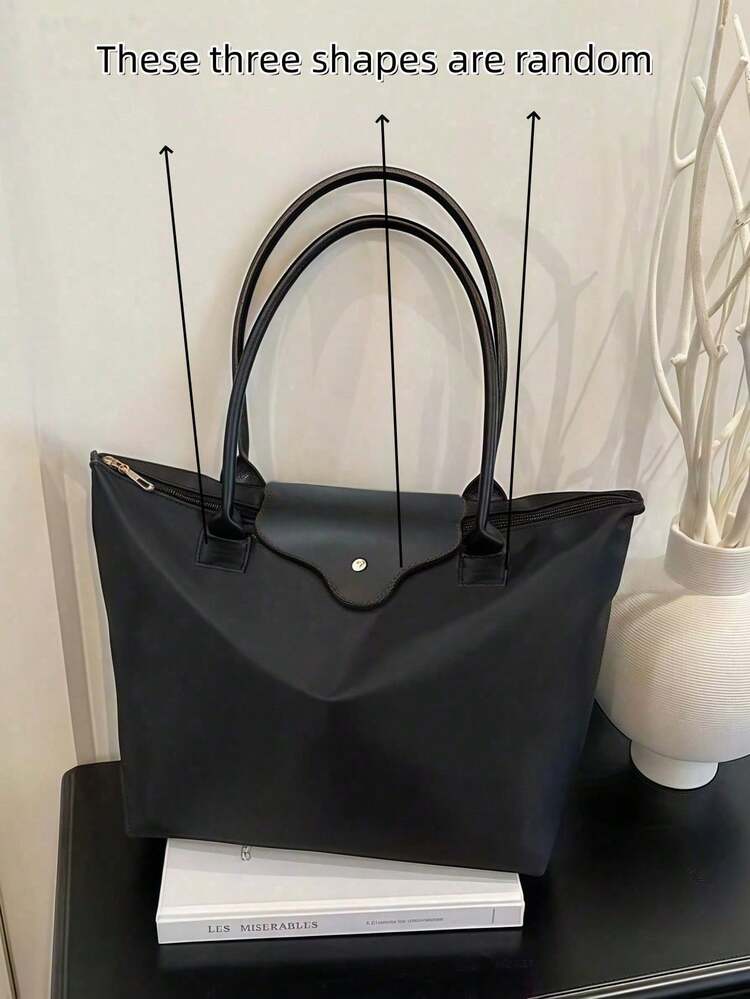 1pc Simple Versatile Casual Solid Color Large Zipper Big Capacity Shoulder Tote Bag, Suitable For Shopping, Vacation, Work, Commuting, Women's Fashion Shoulder Handbag, Zipper Top Handle Tote Bag, Waterproof Shoulder Bag, Dumpling Bag, Underarm Bag, Nylon Bag, Foldable Student Bag, Suitable For Travel, School And Office., Holiday - Black - View 5