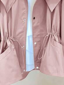 1pc Solid Color Woven Fabric Drawstring Pocket Front Button Trench Coat, Casual Spring/Autumn Pink - Pink - View 4