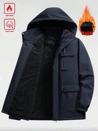 Winter Thermal-Lined Men's Pocket Zip-Up Long Sleeve Hooded Padded Coat, Suitable For City Walking Street, Outdoor Activities, Fall