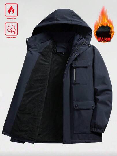 Winter Thermal-Lined Men's Pocket Zip-Up Long Sleeve Hooded Padded Coat, Suitable For City Walking Street, Outdoor Activities