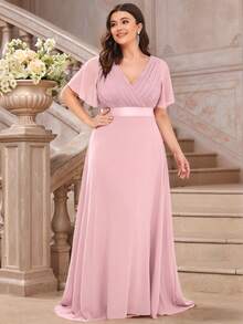 Plus Size Elegant V-Neck Ruched Bust Pink Bridesmaid Dress, Wedding Guest Formal Dress For Wedding Dinner, Birthday Party, Valentine's Day - Dusty Pink - View 5