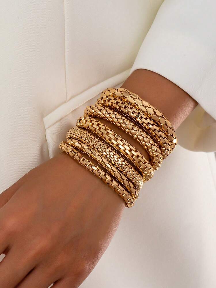 Pack Of 7 Retro Vintage Basic Design Chunky Chain Bracelets Set , Women Fashionable Bracelet Jewelry For Daily Wear - Mesh Tube Bracelet Set - View 13