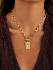 1-Piece Gold And Silver Cross Pendant Necklace For Women, Toggle Clasp Rectangle Cross Charm Necklace, Dainty Paperclip Chain Religious Jewelry Gift For Christian Faith, Baptism, First Communion - Vàng - Xem 7