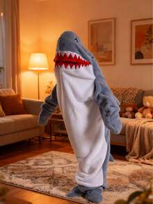 卡通鲨鱼睡袋，法兰绒睡衣，现代风格，柔软涤纶面料，可机洗，家居服，浴巾主题，针织面料，250克/平方米 - 彩色 - 查看 11