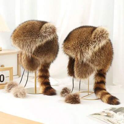 Winter Raccoon Ear Warmer Hat, Warm Ear Protection Cap, Cute Animal Shaped Warm Hat, Comfortable Ear Muffs, Machine Washable Or Dry Clean, Women's Fashion Accessory, Winter Warm Item