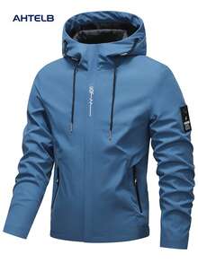 AHTELB 男士纯色连帽夹克，柔软舒适，适合日常休闲穿着，春秋季节皆宜。 - 藍色 - 查看 2