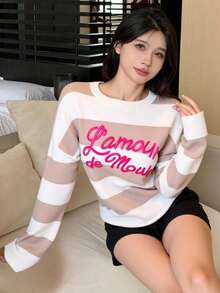 Suéter informal de rayas para mujer con detalles de punto acanalado, manga larga, cuello redondo, básico - Caqui - Ver 3