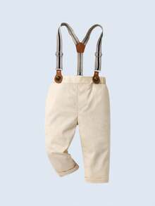 BOARNSEORL 2pcs Baby Boys Gentleman Outfit Set, Collared Shirt With Bowknot And Overalls Pants, Fashionable & Dapper For Birthday Party, Wedding, Banquet - Khaki - View 4