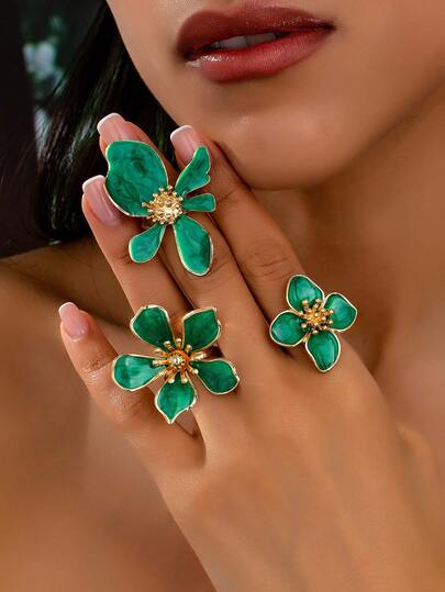 3 Parçalı Şık Minimalist Yeşil Metal Yüzük Seti, Çok Yönlü ve Günlük Kullanıma Uygun